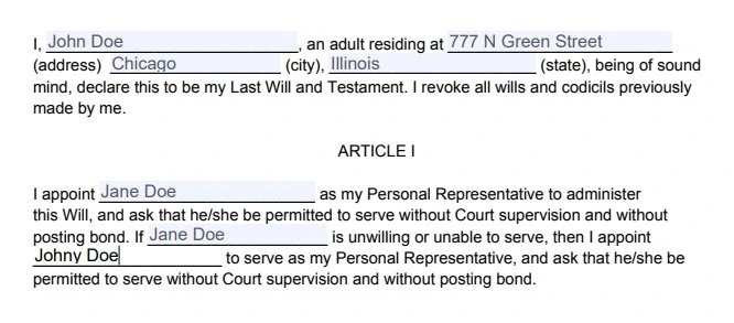 Last will and testament form