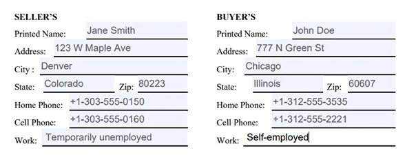 A completed top section of a bill of sale