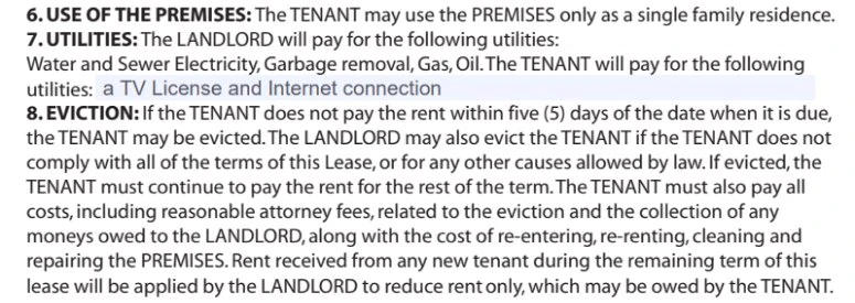A completed "Utilities" section of a lease agreement